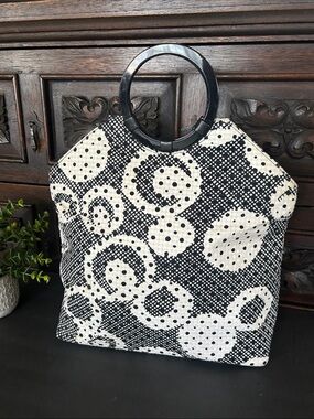 Black and White Patterned Tote with Round Top Handles